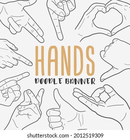 Hand Gestures Doodle Banner Icon. Finger Signal Vector Illustration Hand Drawn Art. Line Symbols Sketch Background.