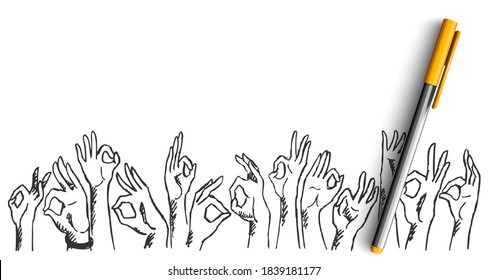 Hand gestures doodle. Collection of hand drawn sketches templates patterns of pen pencil ink drawing human hands showing like ok signs or demosntrating palm fingers together illustration.