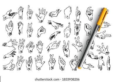 Hand gestures doodle set. Collection of hand drawn sketches templates patterns of pen pencil ink drawing human hands showing like ok signs or demosntrating palm fingers on white background.