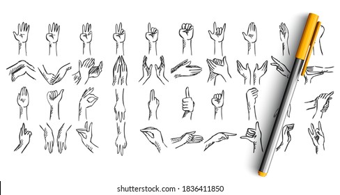 Hand gestures doodle set. Collection of hand drawn sketches templates patterns of pen pencil ink drawing human hands showing like ok rock signs or demosntrating palm fingers illustration.