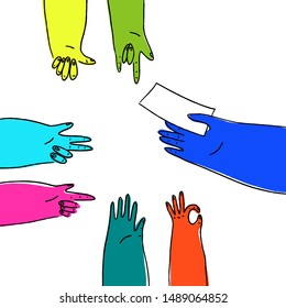 Hand gestures drawn with colored fill and black contour lines. Vector flat illustration of female hands in different situations. Vector design elements for infographic, web, internet, presentation.