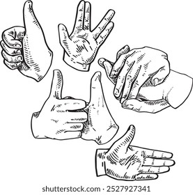 Hand gestures - hand drawn realistic vector illustration set