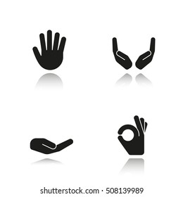 Hand gestures drop shadow black icons set. Begging and cupped hands, palm, ok gesture. Isolated vector illustrations