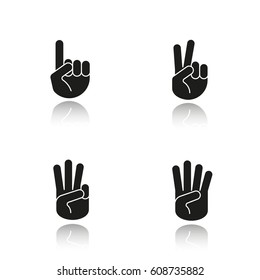 Hand gestures drop shadow black icons set. One, two, three and four fingers up. Isolated vector illustrations