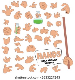 Hand Gestures and Expressions Vector Set – Collection of Diverse Hand Poses, Communication Signs, Signals, and Finger Movements for Design, Animation, and Illustration Projects