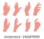 Hand gestures. Female palm with elegant gesture, human hands showing, presenting and pointing flat vector illustration set. Cartoon hand palms