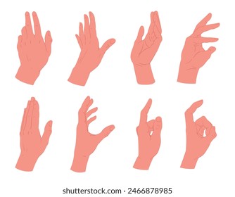 Hand gestures. Female palm with elegant gesture, human hands showing, presenting and pointing flat vector illustration set. Cartoon hand palms