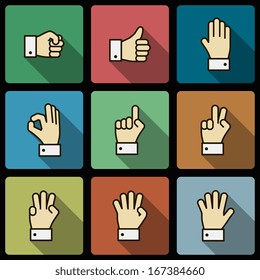 Hand gestures and figures UI design elements, squared with long shadows isolated vector illustration