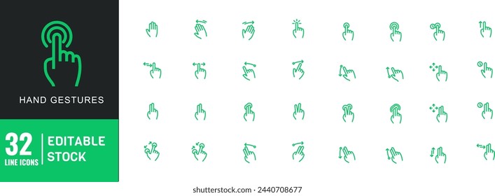 Hand gestures and Fingerprint line icon set editable stroke. fingers interaction, Biometric, forefinger point, greeting, pinch.	
