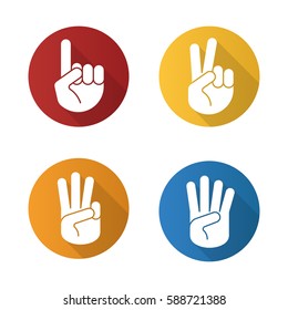 Hand gestures flat design long shadow icons set. One, two, three and four fingers up. Vector silhouette illustration
