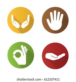 Hand gestures flat design long shadow icons set. Begging and cupped hands, palm, ok gesture. Vector silhouette illustration