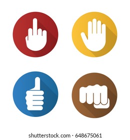 Hand Gestures Flat Design Long Shadow Glyph Icons Set. Middle Finger Up, Palm, Punch, Thumbs Up. Vector Silhouette Illustration