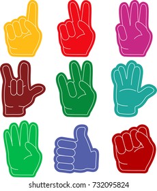 Hand gestures flat design long shadow. Foam fingers colorful icon set. Fan sports paraphernalia item- vector