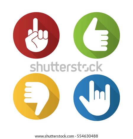Hand gestures flat design long shadow icons set. Thumbs up, dislike, heavy metal, middle finger up. Vector silhouette illustration