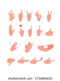 Hand gestures flat icon kit. Biceps, arm, fist, folded or waving hands vector set. Emoticon gesture Illustrations collection. Communication and signs concept