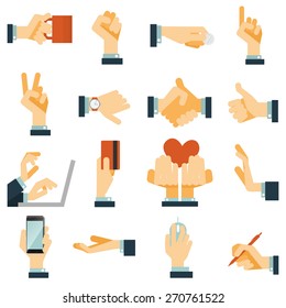 Hand gestures flat icons set expressing victory rejection and love with heart symbol abstract vector isolated illustration