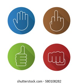 Hand gestures flat linear long shadow icons set. Middle finger up, palm, punch, thumbs up. Vector line illustration