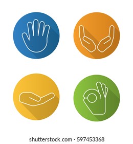 Hand gestures flat linear long shadow icons set. Begging and cupped hands, palm, ok gesture. Vector line illustration