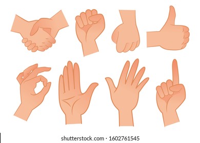 Hand gestures flat vector illustration set. Handshake, fist, thumb up, ok, palm, pointing index finger up. Communication concept