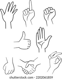 Gestos de mano conjunto de ilustración vectorial plana. Agitación, puño, pulgar arriba, ok, palma, apuntando hacia arriba con el dedo índice. Concepto de comunicación