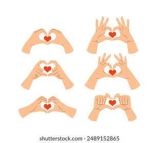 Hand Gestures Forming A Heart Shape, Displaying Love, Care, And Affection. Image Features Six Different Hand Positions