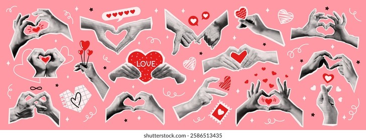 Hand gestures forming heart shapes art collage vector halftone illustration set. Expressing love and affection in body language on pink background