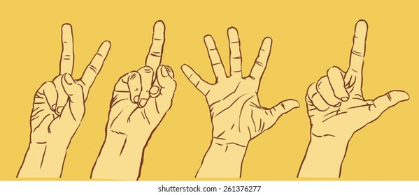 Hand gestures. Four drawings of hands in various symbolic postures