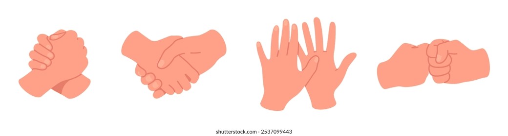 Conjunto de gestos de la mano de amistad y asociación. Lucha de brazos, apretón de manos, alto cinco, golpe de puño gesticulando en saludo. Éxito, equipo, Acuerdo, cooperación, unidad Asistencia plana Ilustración vectorial