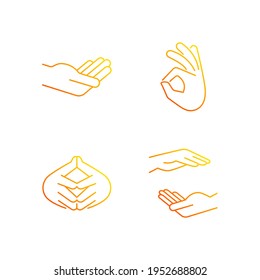 Hand gestures gradient linear vector icons set. Okay gesture. Steeple hand. Two hands holding something. Thin line contour symbols bundle. Isolated vector outline illustrations collection