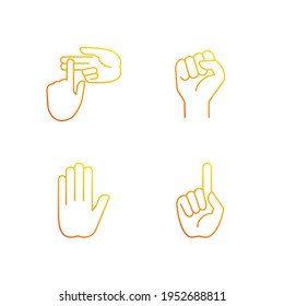 Hand gestures gradient linear vector icons set. Raised fist. Stop doing something sign. Index finger up. Thin line contour symbols bundle. Isolated vector outline illustrations collection