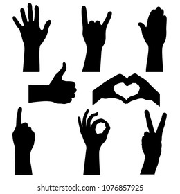 Hand gestures graphic icons set. Gestures arm signs isolated on white background. Silhouettes hands symbols. Vector illustration