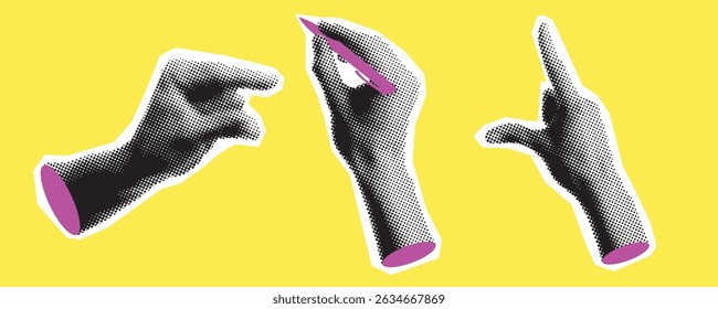 Hand Gestures Halftone Vector Illustration, Isolated on Yellow Background.