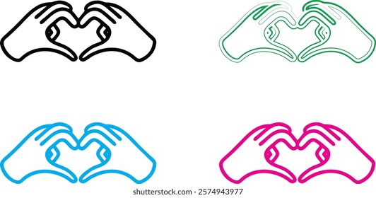 Hand gestures, heart shape, minimalist line art, colorful outlines, simple geometric design, vector illustration, flat graphic style, iconic symbols, love expression, pop art aesthetic, monochrome col