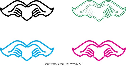 Hand gestures, heart shape, minimalist line art, colorful outlines, simple geometric design, vector illustration, flat graphic style, iconic symbols, love expression, pop art aesthetic, monochrome col