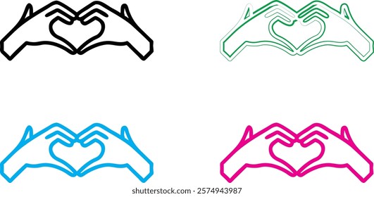 Hand gestures, heart shape, minimalist line art, colorful outlines, simple geometric design, vector illustration, flat graphic style, iconic symbols, love expression, pop art aesthetic, monochrome col