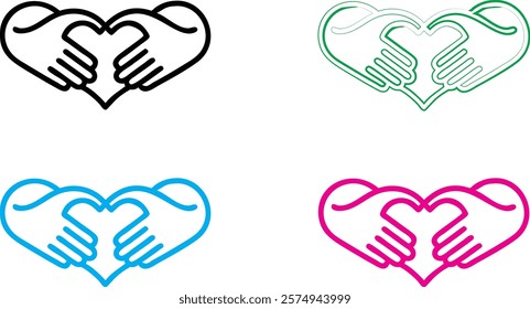 Hand gestures, heart shape, minimalist line art, colorful outlines, simple geometric design, vector illustration, flat graphic style, iconic symbols, love expression, pop art aesthetic, monochrome col