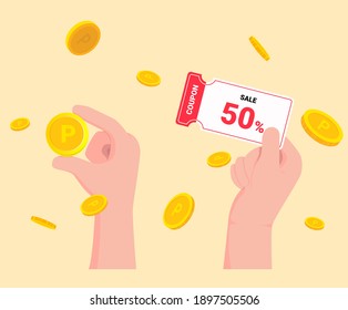 Hand gestures holding coupons and coins illustration set. sale, market, finance, pay, event. Vector drawing. Hand drawn style.