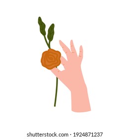 Hand gestures holding a rose branch. Logos of women's hands. For packaging cosmetics, beauty Studio, tattoo, Spa, manicure, jewelry.