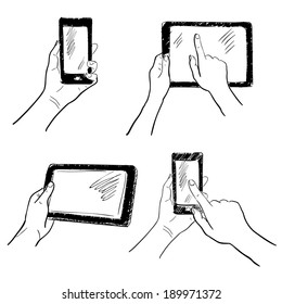 Hand gestures holding smartphone tablet touchscreen sketch set isolated vector illustration