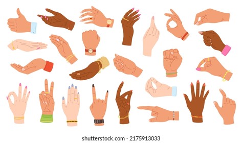 Hand gestures. Human hands hold, point and grip. Multiethnic hands with accessories on wrists vector Illustration set. Female and male characters wearing rings, bracelet and watch using body language svg