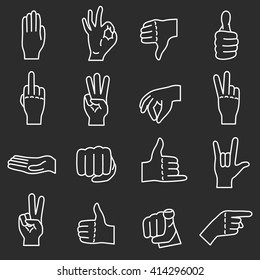 Hand gestures. Human hands show different signals and signs. Thin line icon set on a black background