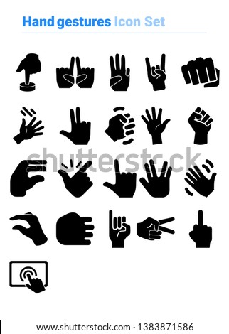 Hand gestures icon set of black and white types. Isolated vector sign symbols. Icon pack.