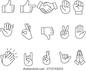 Conjunto de iconos de gestos de mano simples que incluyen pulgares hacia arriba, apretón de manos, señalar, saludar, signo de OK, paz, aplaudir, orar y otros gestos expresivos. Ideal para diseño de interfaz de usuario, Conjuntos emoji, comunicación 