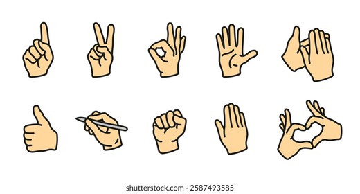 Hand gestures icon set colored. Various expressive finger signs. Communication and human body language vector illustration. Victory and approval concept. Clapping, pointing and greeting symbol.