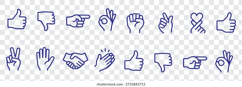 Symbolsatz für Handgesten. Enthält Symbole wie Handschlag, klatschende Hände, Hörner, Daumen nach oben Finger, Mittelfinger, helfende Hand, Herz, Finger gekreuzt, Faust, Richtung, wie, anders und mehr 