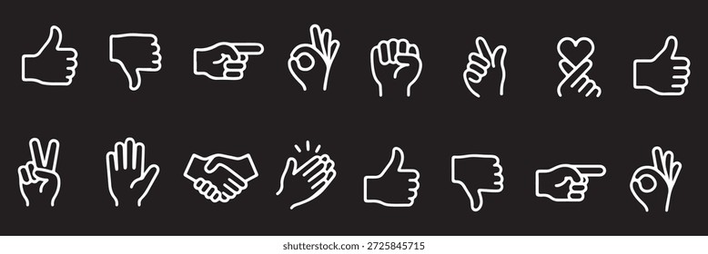 Conjunto de ícones de gestos da mão. Contém ícones como aperto de mão, palmas de mãos, chifres, dedo polegar para cima, dedo médio, ajuda mão, coração, dedos cruzados, punho, direção, como, diferente e mais 