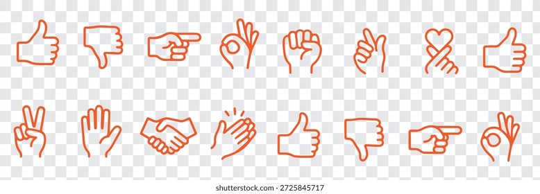 Conjunto de iconos de gestos de mano. Contiene iconos tales como apretón de manos, palmadas de manos, cuernos, pulgar para arriba del dedo, dedo medio, mano de ayuda, corazón, dedos cruzados, puño, dirección, como, a diferencia y más 