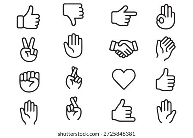 Hand gestures icon set. Contains such icons as handshake, clapping hands, horns, thumb up finger, middle finger, helping hand, heart, fingers crossed, fist, direction, like, unlike and more 
