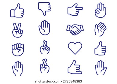Conjunto de iconos de gestos de mano. Contiene iconos tales como apretón de manos, palmadas de manos, cuernos, pulgar para arriba del dedo, dedo medio, mano de ayuda, corazón, dedos cruzados, puño, dirección, como, a diferencia y más 