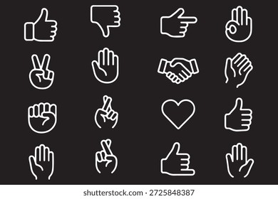 Symbolsatz für Handgesten. Enthält Symbole wie Handschlag, klatschende Hände, Hörner, Daumen nach oben Finger, Mittelfinger, helfende Hand, Herz, Finger gekreuzt, Faust, Richtung, wie, anders und mehr 